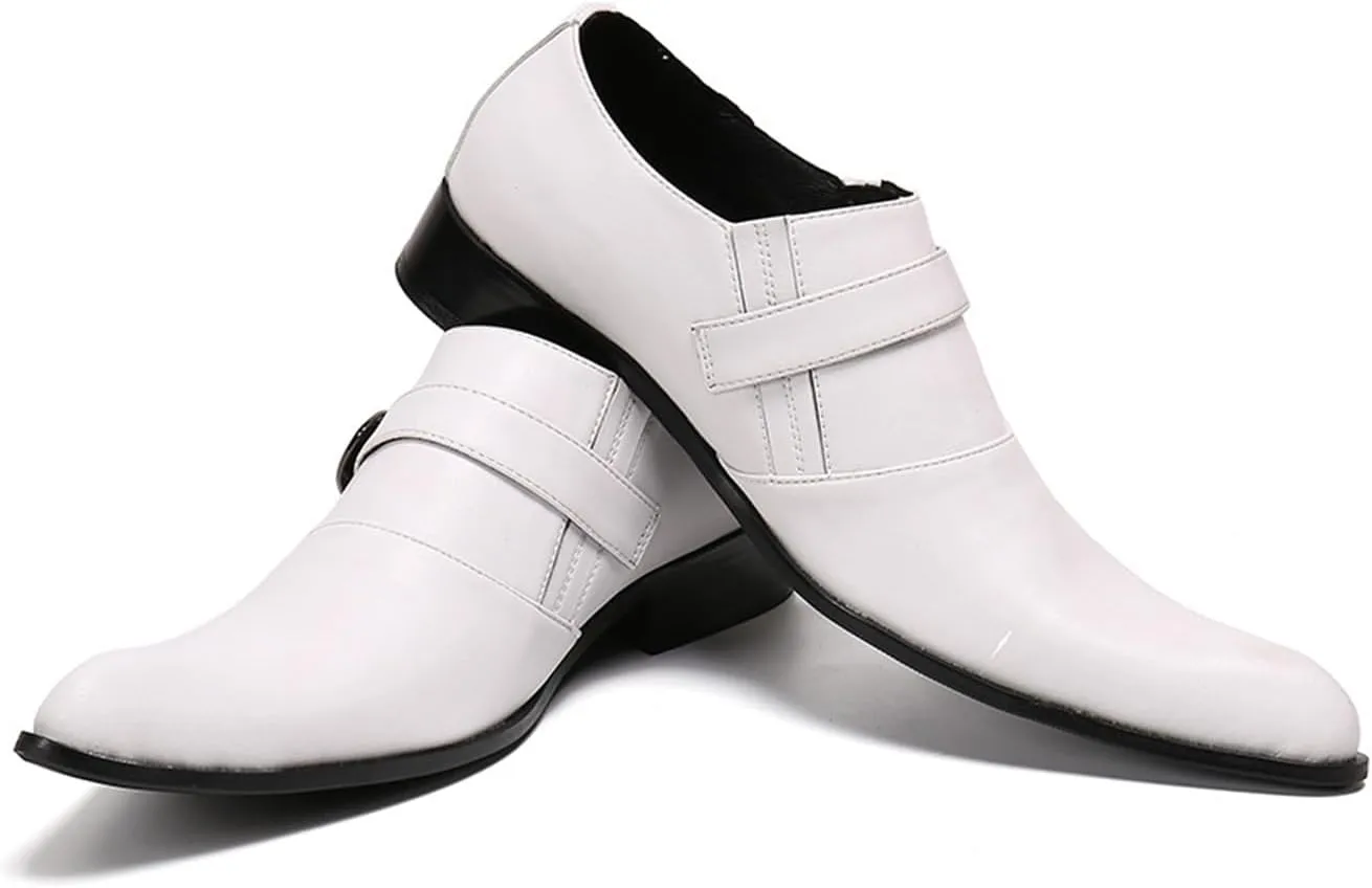 Mens Leather Shoes, White Dress Cowhide Shoes Genuine Leather Large Size Low Top Pointed Toe Slip-Ons, Breathable Suit Shoes Casual Shoes