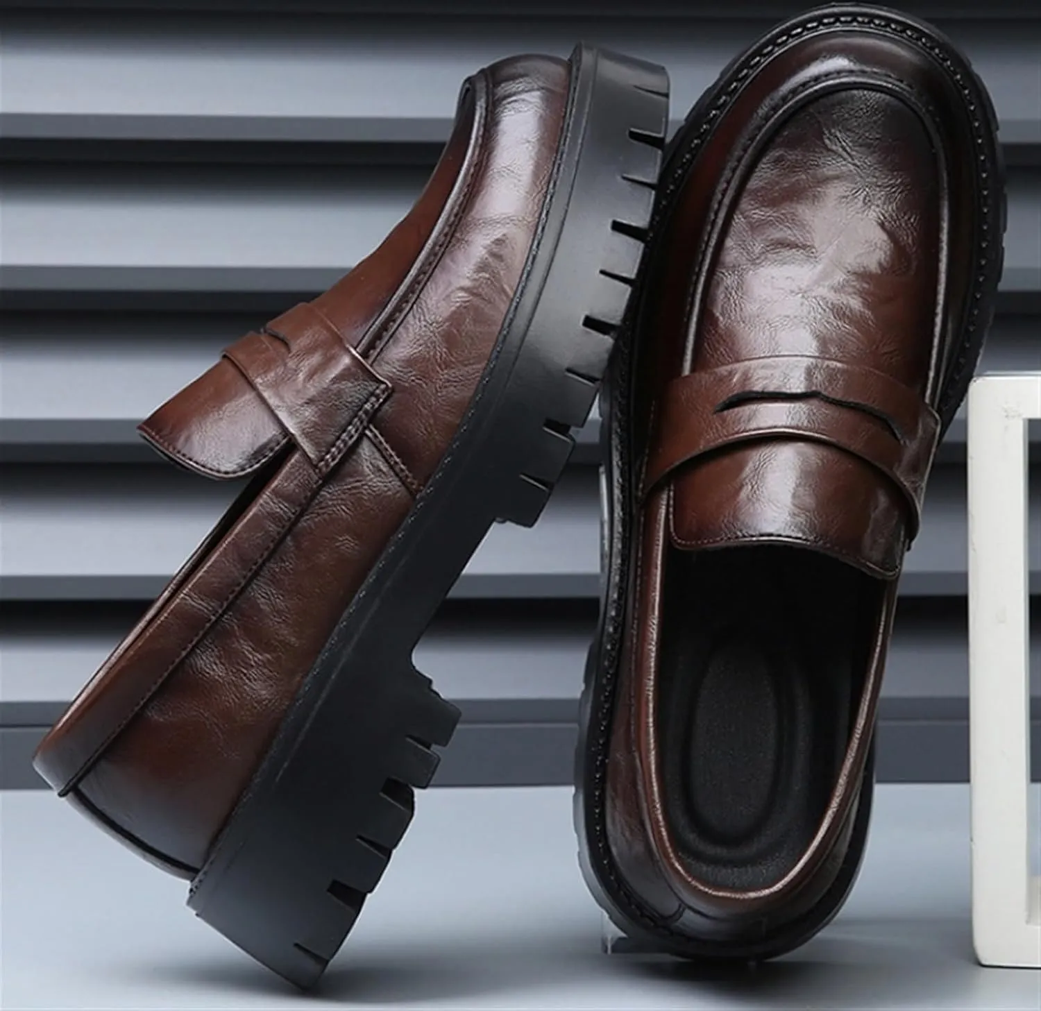 Men's Loafers Comfort Casual Slip-on Loafer Shoe Business Dress Penny Platform Loafers Outdoor Casual Comfortable Round Toe Formal Leather Shoes for Office Work Walking