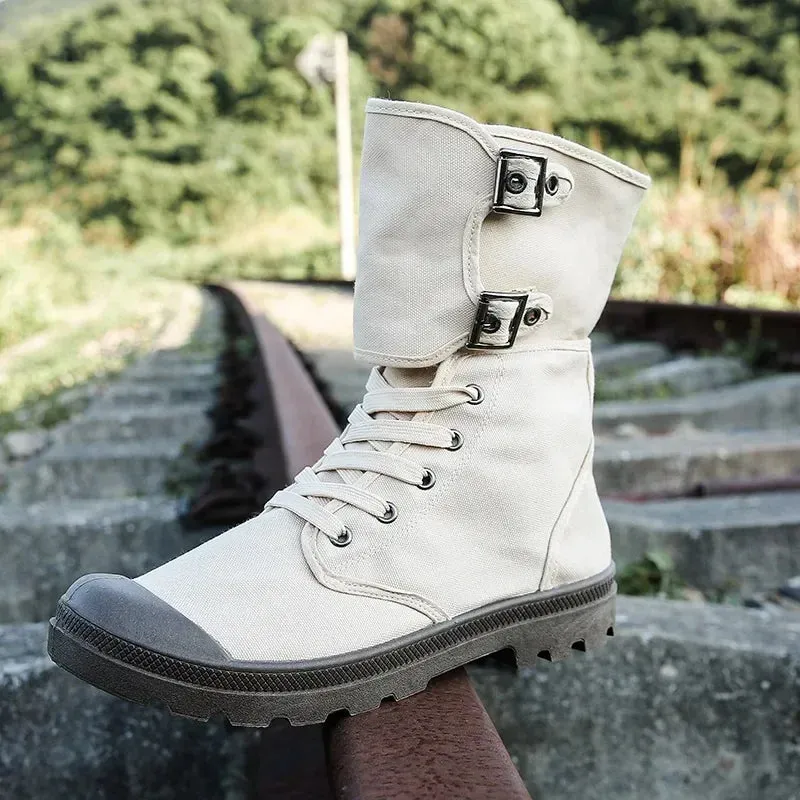 Men's Long Canvas Shoes Outdoor High Top Casual Boots Desert Tactical Anti Slip Mountaineering Work Shoes