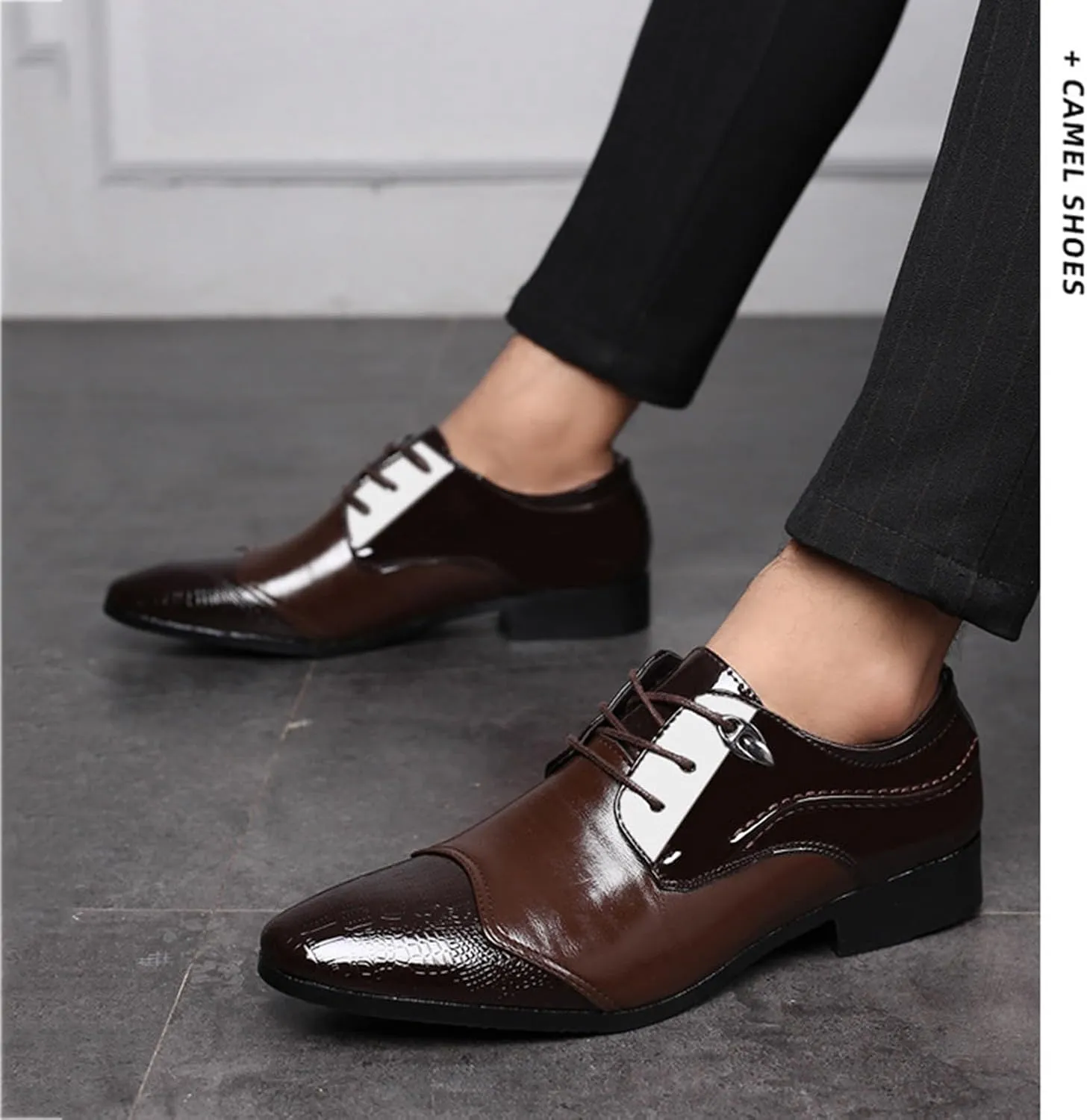 Men's Oxfords Fashion Patchwork Patent Leather Pointed Toe Shoes Formal Business Derbys Office Work Dress Shoes