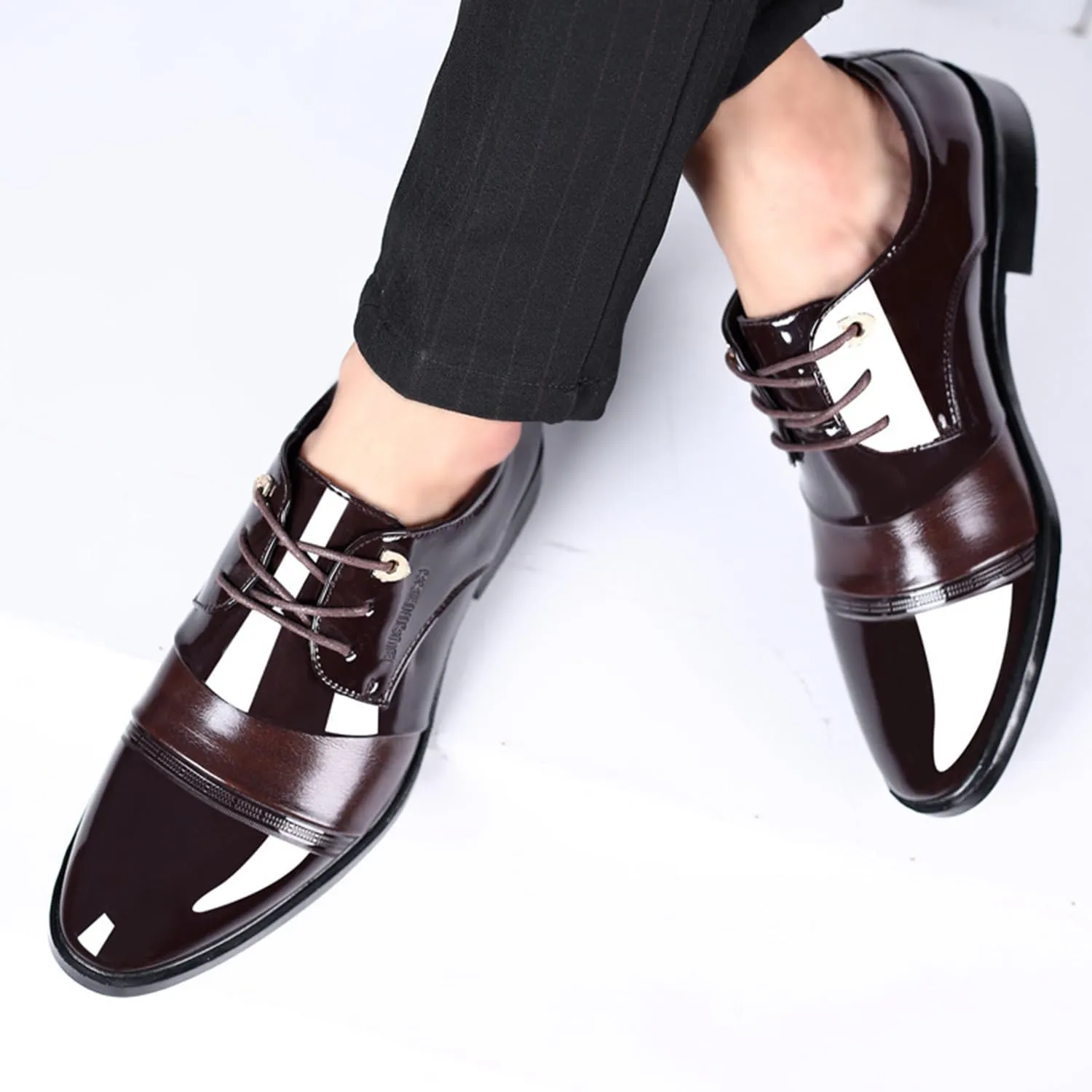 Mens Patent Leather Derbys Patchwork Pointed Toe Lace Up Shoes Business Formal Office Work Dress Shoes
