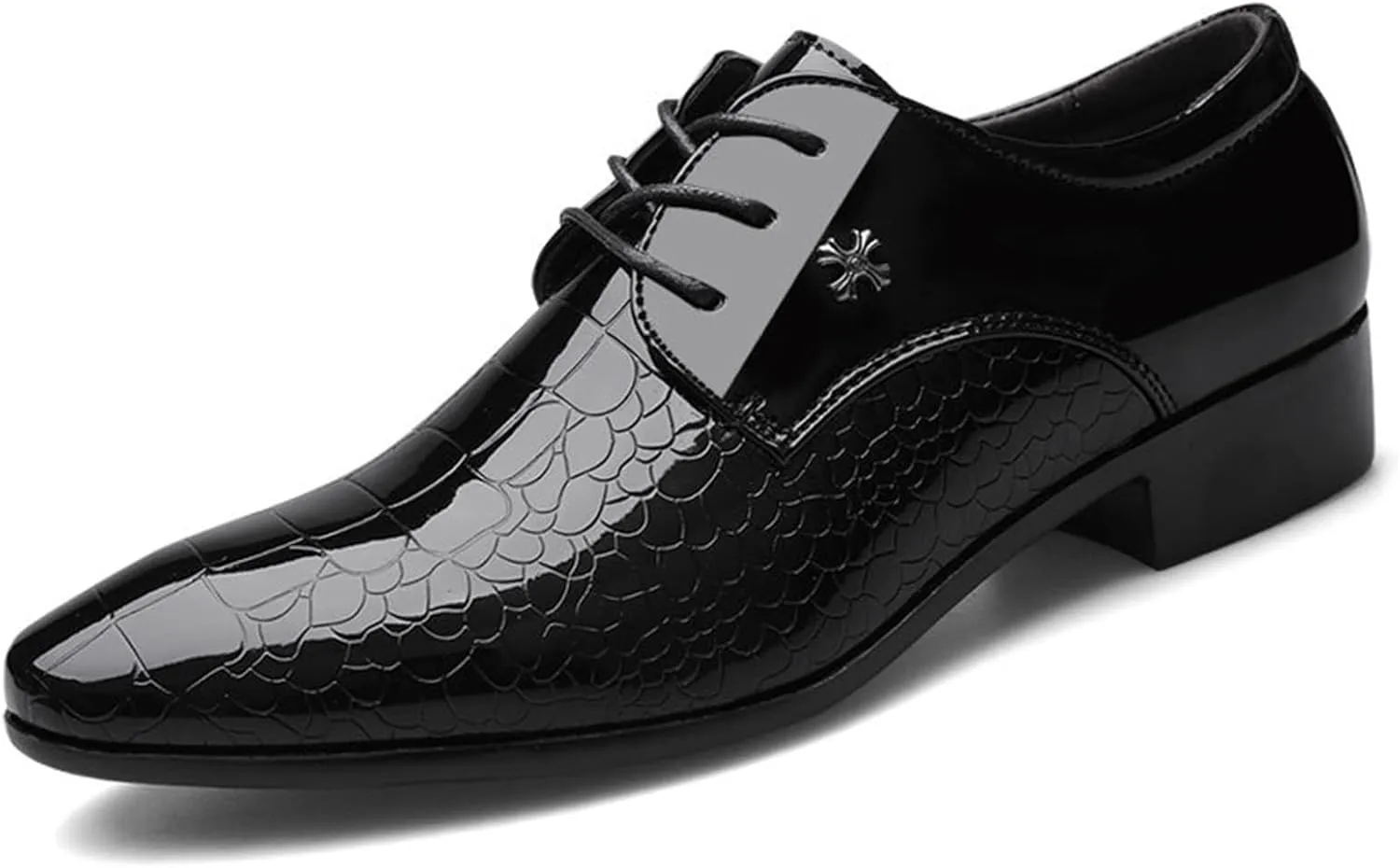 Men's Patent Leather Oxford Formal Business Dress Shoes Lace Up Derby Shoes Pointed Toe Shiny Flat Suit Tuxedo Shoes