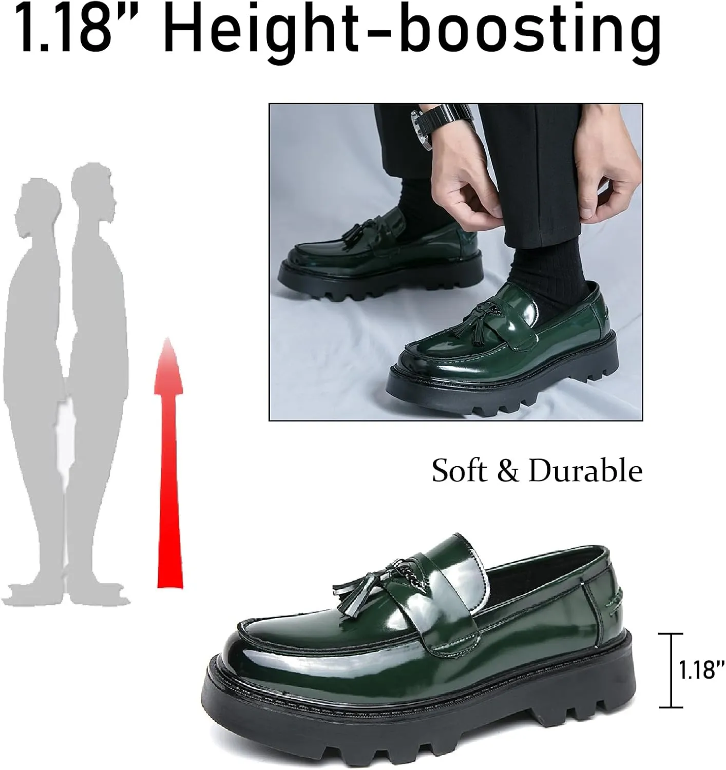 Men's Patent Leather Tassel Loafers Lug Sole Non-Slip Business Dress Leather Shoes Comfort Round Toe Slip-on Block Heel Oxfords for Driving Party Wedding Prom