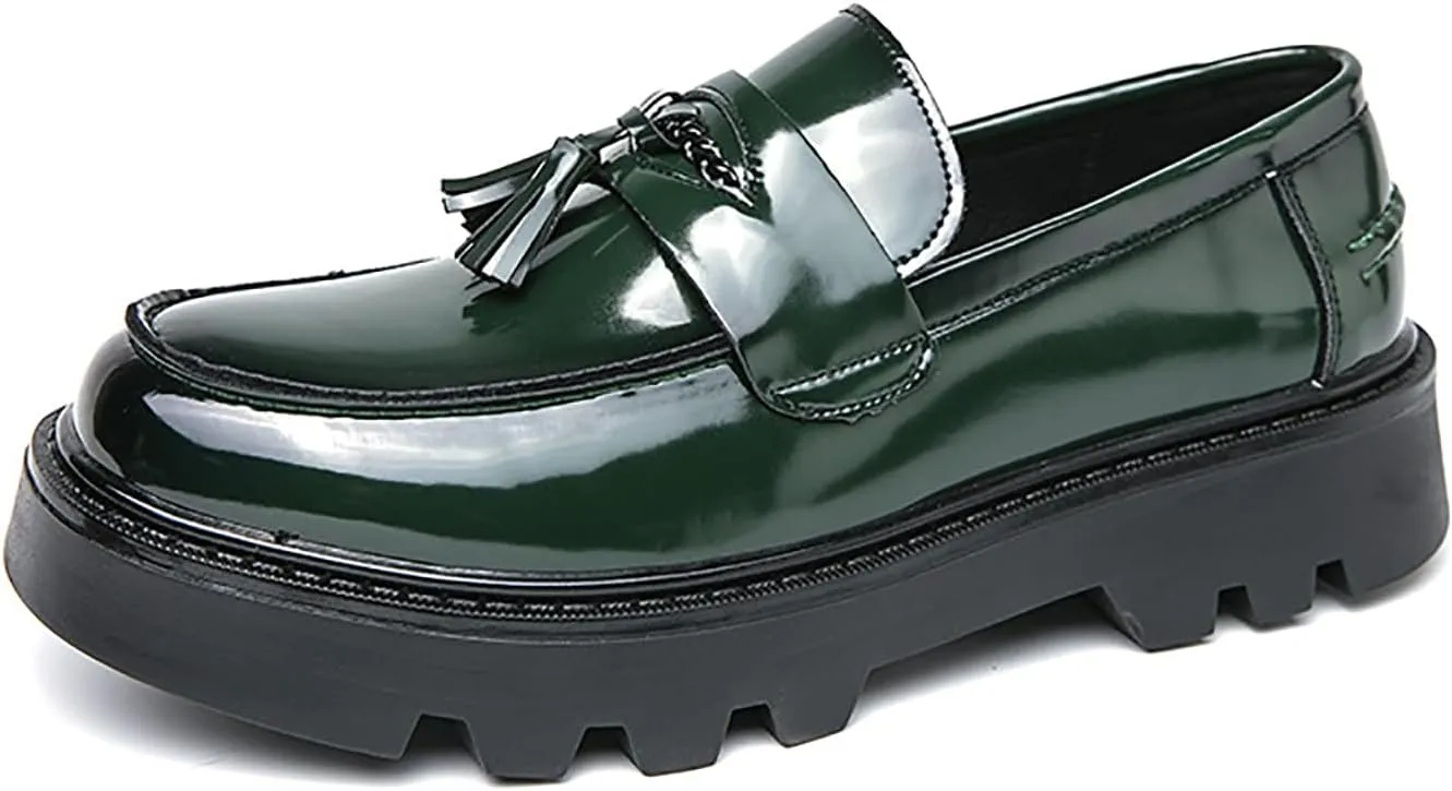 Men's Patent Leather Tassel Loafers Lug Sole Non-Slip Business Dress Leather Shoes Comfort Round Toe Slip-on Block Heel Oxfords for Driving Party Wedding Prom