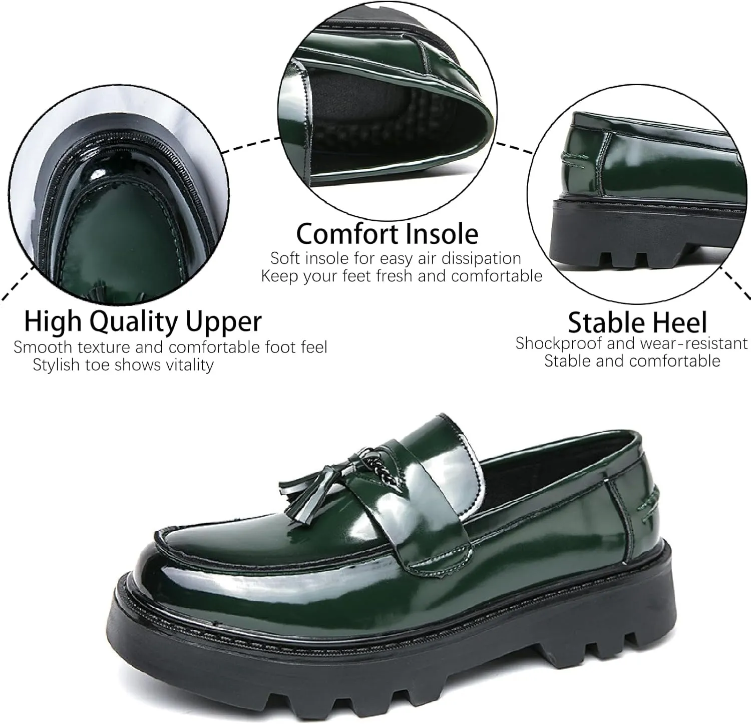 Men's Patent Leather Tassel Loafers Lug Sole Non-Slip Business Dress Leather Shoes Comfort Round Toe Slip-on Block Heel Oxfords for Driving Party Wedding Prom