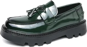 Men's Patent Leather Tassel Loafers Lug Sole Non-Slip Business Dress Leather Shoes Comfort Round Toe Slip-on Block Heel Oxfords for Driving Party Wedding Prom