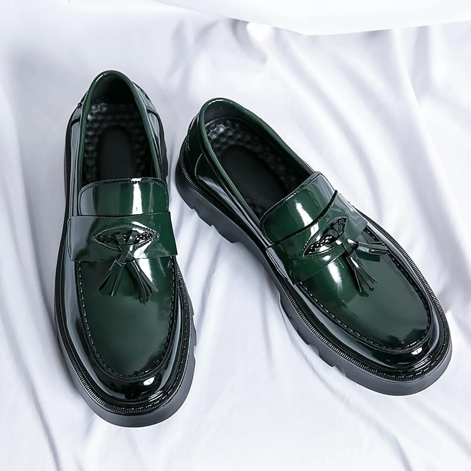 Men's Patent Leather Tassel Loafers Lug Sole Non-Slip Business Dress Leather Shoes Comfort Round Toe Slip-on Block Heel Oxfords for Driving Party Wedding Prom