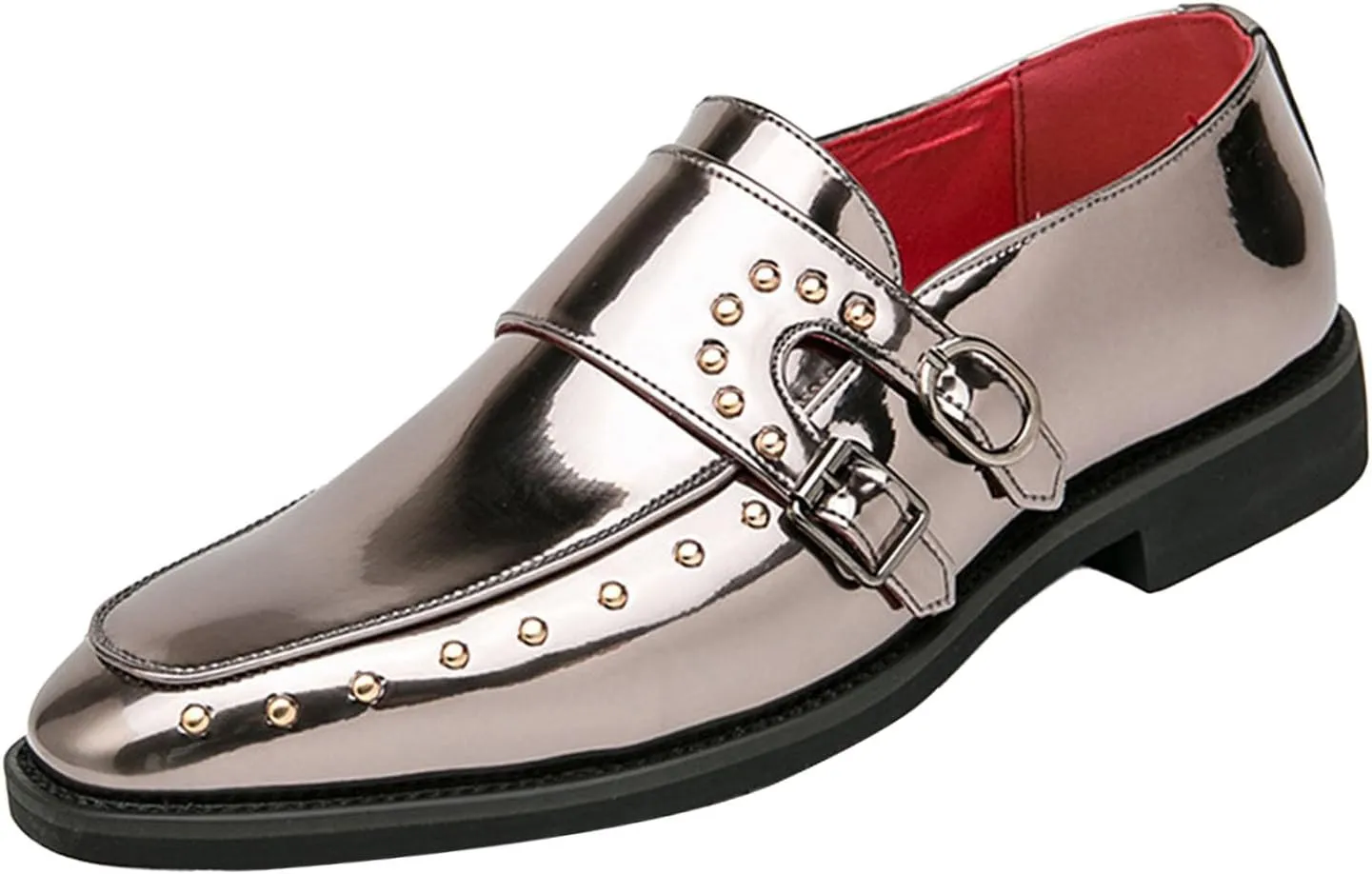Men's Pointed-Toe Tuxedo Dress Oxfords,Fashion Patent Leather Monk Straps Studded Slip-on Casual Business Derby Shoes