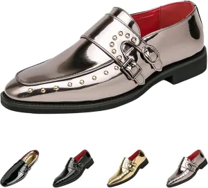 Men's Pointed-Toe Tuxedo Dress Oxfords,Fashion Patent Leather Monk Straps Studded Slip-on Casual Business Derby Shoes
