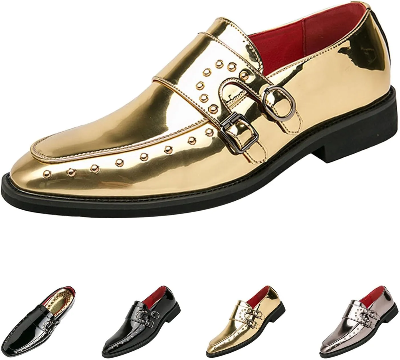 Men's Pointed-Toe Tuxedo Dress Oxfords,Fashion Patent Leather Monk Straps Studded Slip-on Casual Business Derby Shoes