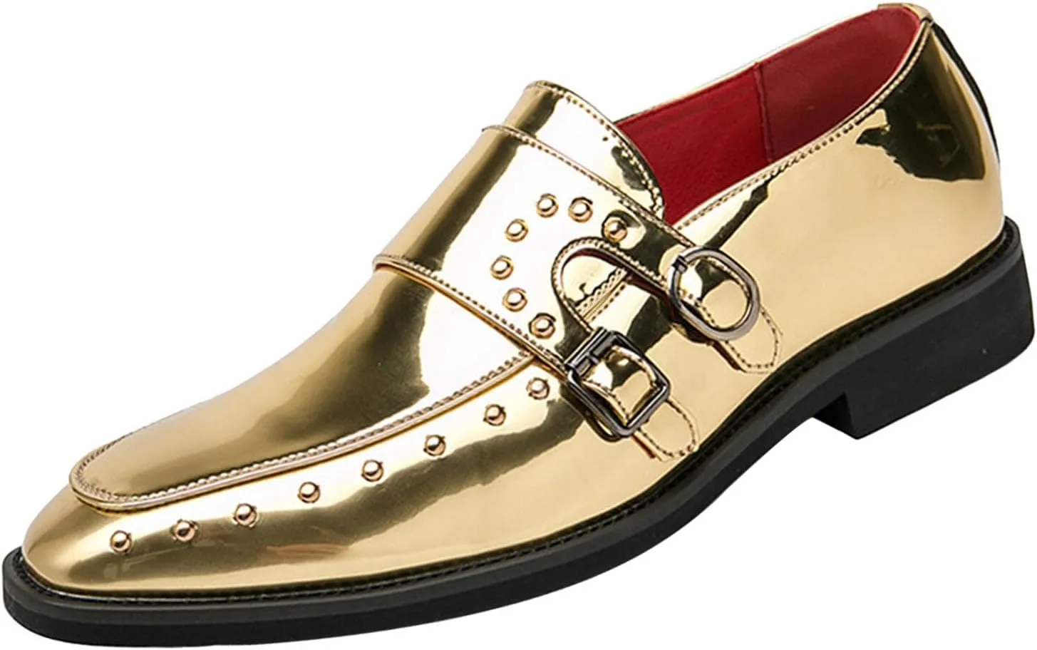 Men's Pointed-Toe Tuxedo Dress Oxfords,Fashion Patent Leather Monk Straps Studded Slip-on Casual Business Derby Shoes
