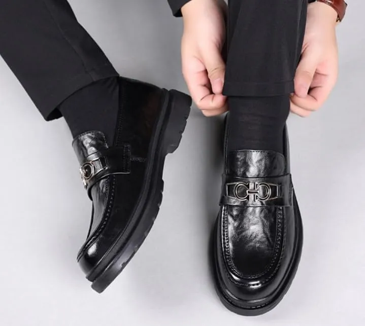 Mens Slip-On Oxford Shoes Genuine Leather Platform Dress Shoes Business Casual Wingtip Brogue for Men