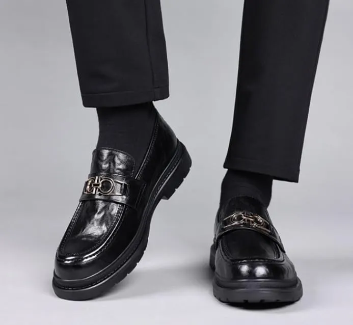 Mens Slip-On Oxford Shoes Genuine Leather Platform Dress Shoes Business Casual Wingtip Brogue for Men