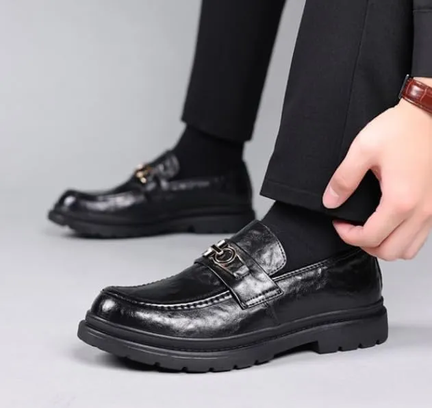 Mens Slip-On Oxford Shoes Genuine Leather Platform Dress Shoes Business Casual Wingtip Brogue for Men