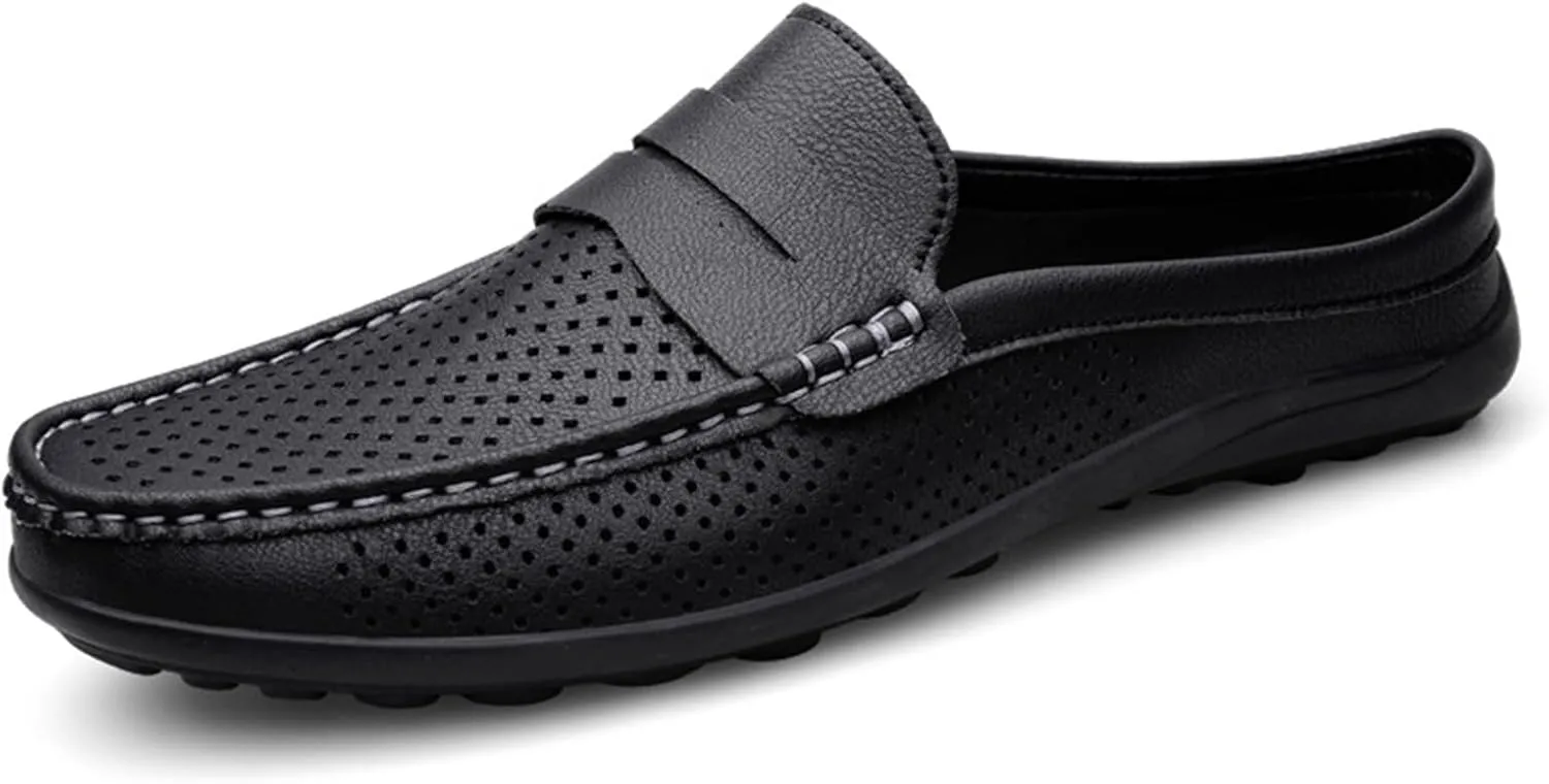 Men's Slippers Summer Breathable Slip-On Loafers Leather Formal Wear Casual Open Back Business Casual Shoes Men's Driving Shoes