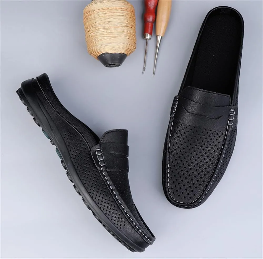 Men's Slippers Summer Breathable Slip-On Loafers Leather Formal Wear Casual Open Back Business Casual Shoes Men's Driving Shoes