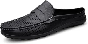 Men's Slippers Summer Breathable Slip-On Loafers Leather Formal Wear Casual Open Back Business Casual Shoes Men's Driving Shoes
