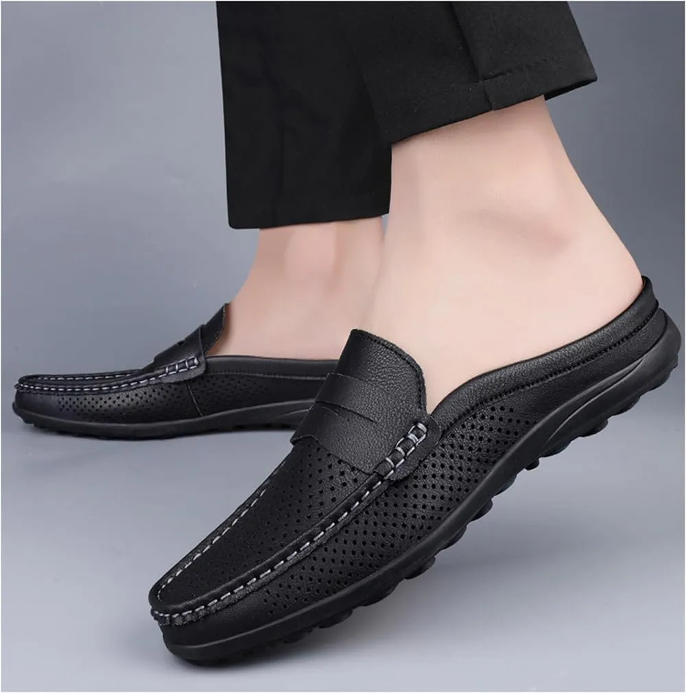 Men's Slippers Summer Breathable Slip-On Loafers Leather Formal Wear Casual Open Back Business Casual Shoes Men's Driving Shoes