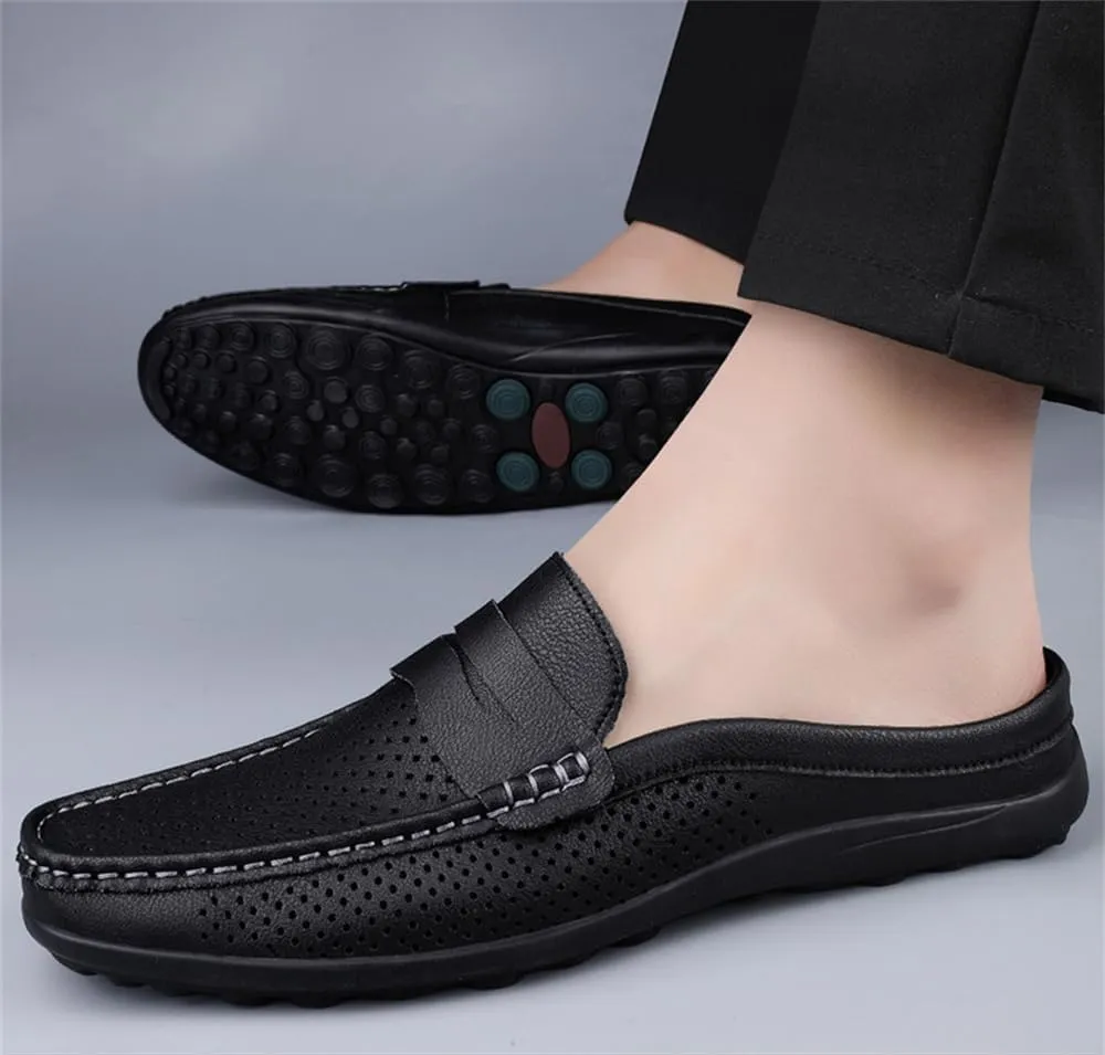 Men's Slippers Summer Breathable Slip-On Loafers Leather Formal Wear Casual Open Back Business Casual Shoes Men's Driving Shoes