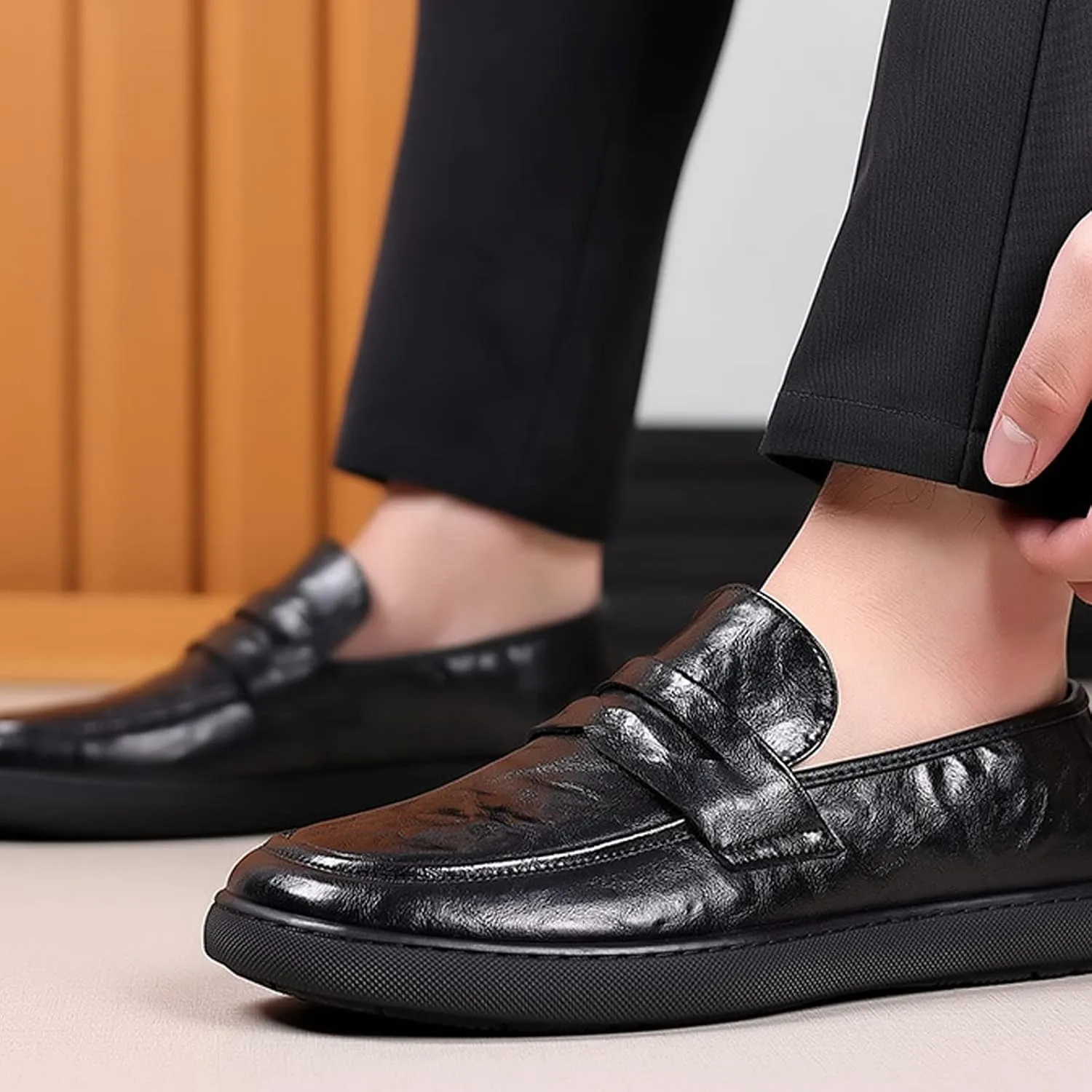 Men's Vintage Leather Flat Loafers Shoes,Casual Anti-Slip Slip-on Driving Shoes,Soft Bottom Business Comfort Leather Shoes