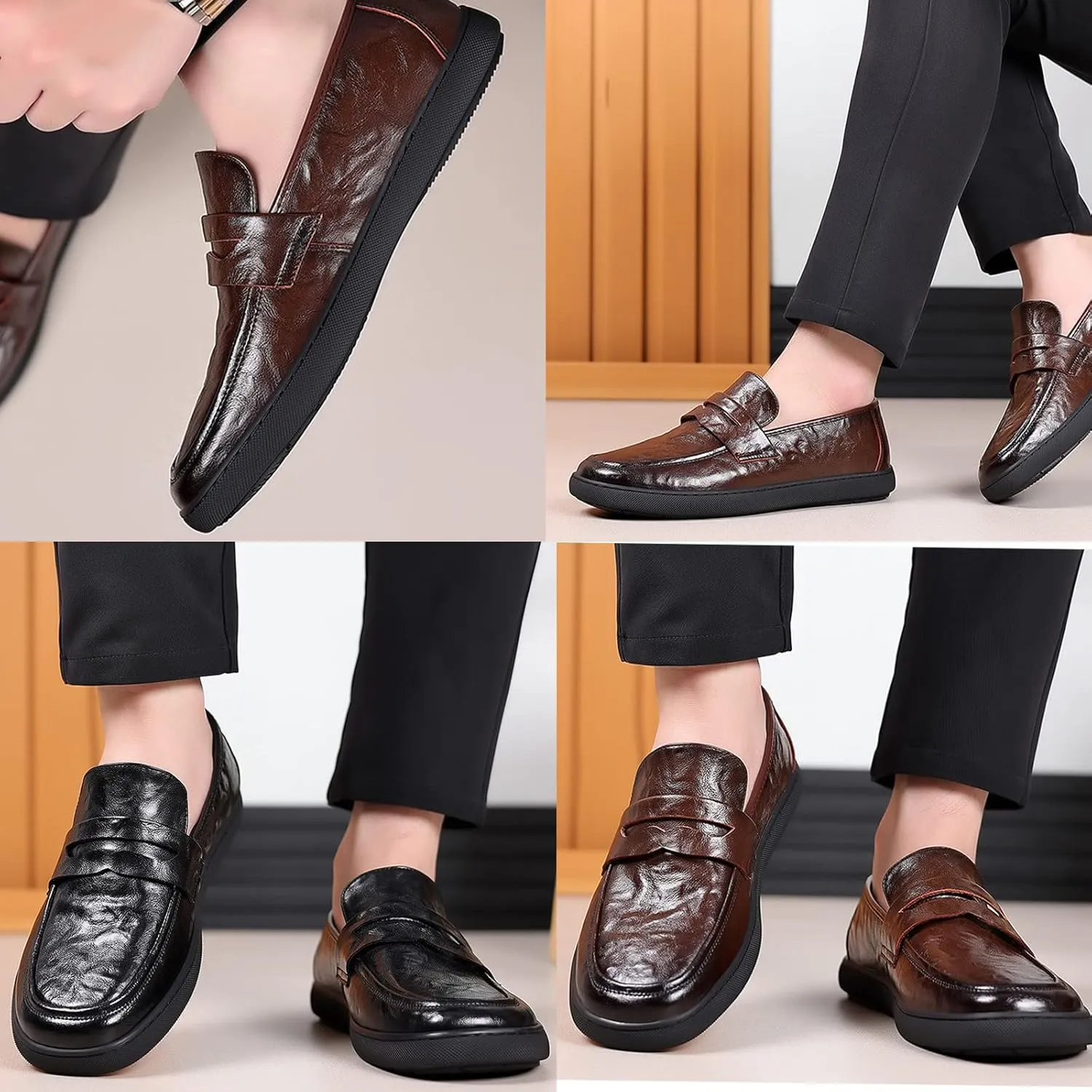 Men's Vintage Leather Flat Loafers Shoes,Casual Anti-Slip Slip-on Driving Shoes,Soft Bottom Business Comfort Leather Shoes