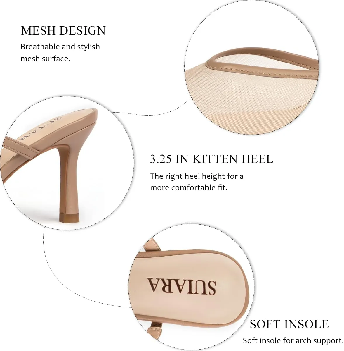 Mesh Kitten Heels for Women Pointed Closed Toe Mule Heeled Sandals Sexy Slip On Dress Pumps