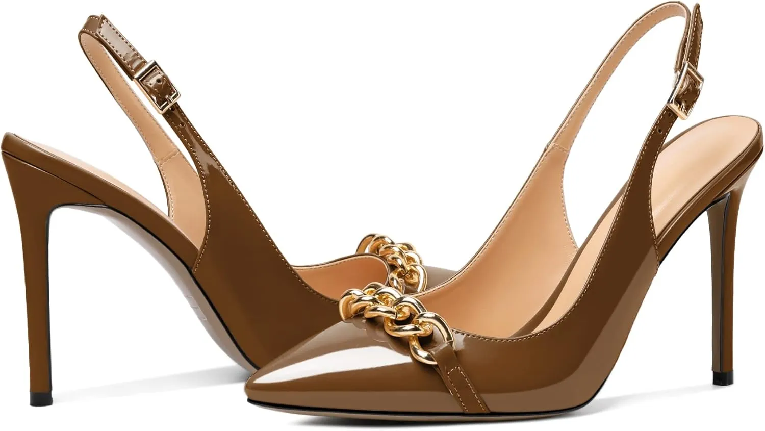Mettesally Women's High Heels Slingback Pointed Toe Heeled Pumps Ankle Strap Stilettos Metal Chain Dressy Wedding Party Shoes