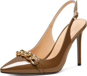 Mettesally Women's High Heels Slingback Pointed Toe Heeled Pumps Ankle Strap Stilettos Metal Chain Dressy Wedding Party Shoes