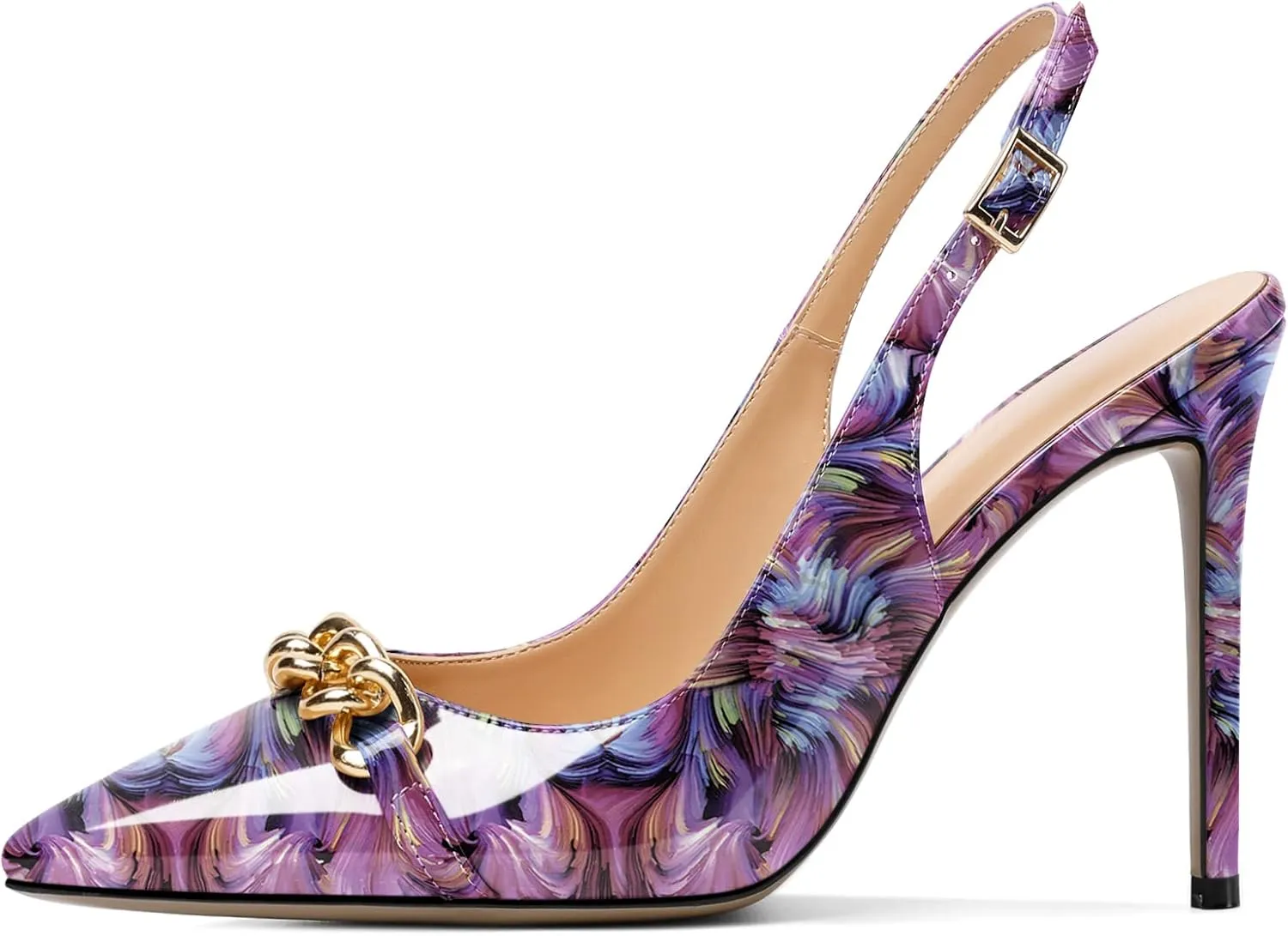 Mettesally Women's High Heels Slingback Pointed Toe Heeled Pumps Ankle Strap Stilettos Metal Chain Dressy Wedding Party Shoes