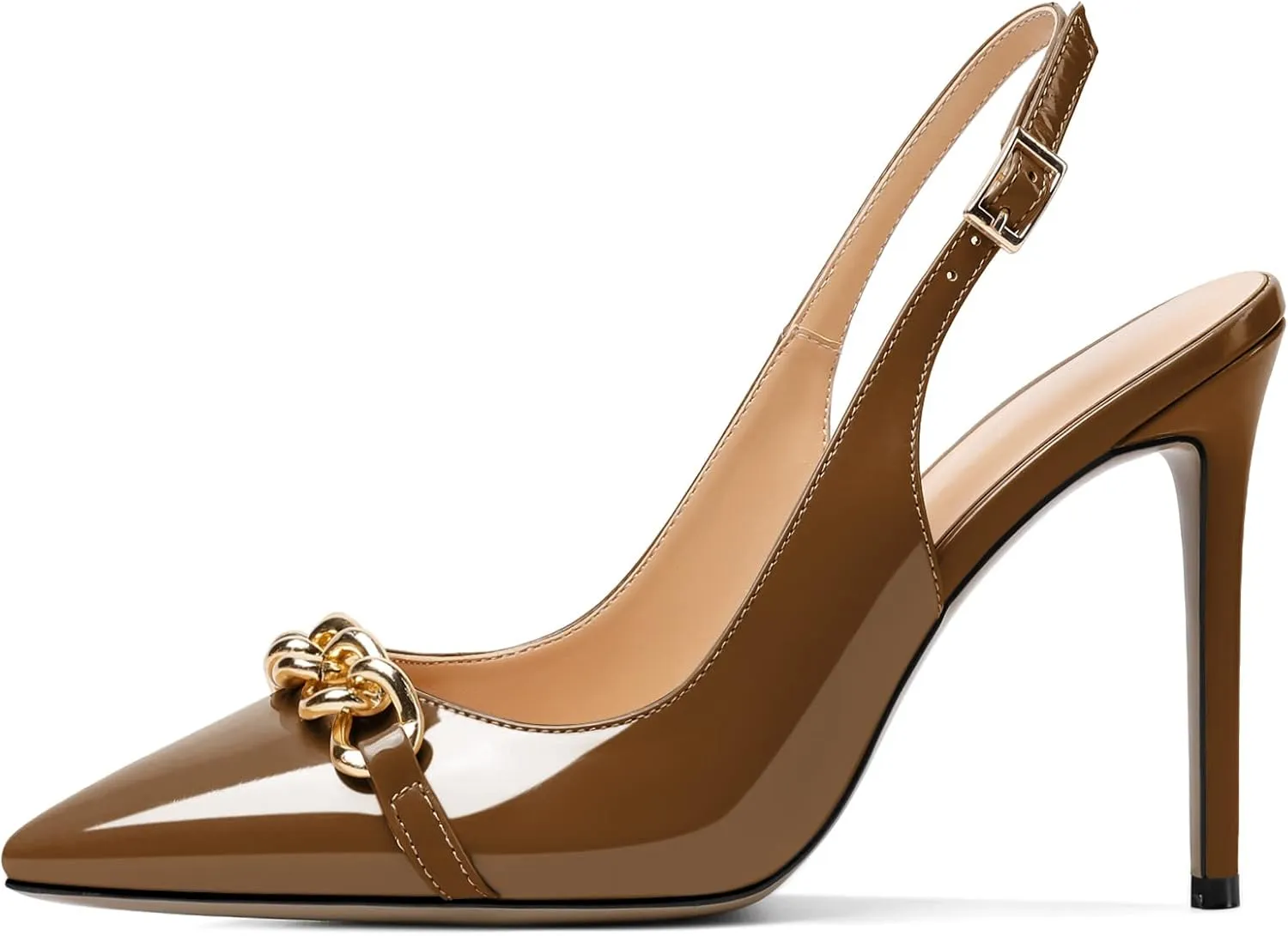 Mettesally Women's High Heels Slingback Pointed Toe Heeled Pumps Ankle Strap Stilettos Metal Chain Dressy Wedding Party Shoes