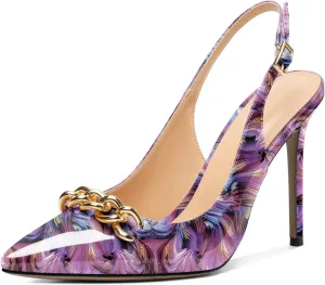 Mettesally Women's High Heels Slingback Pointed Toe Heeled Pumps Ankle Strap Stilettos Metal Chain Dressy Wedding Party Shoes