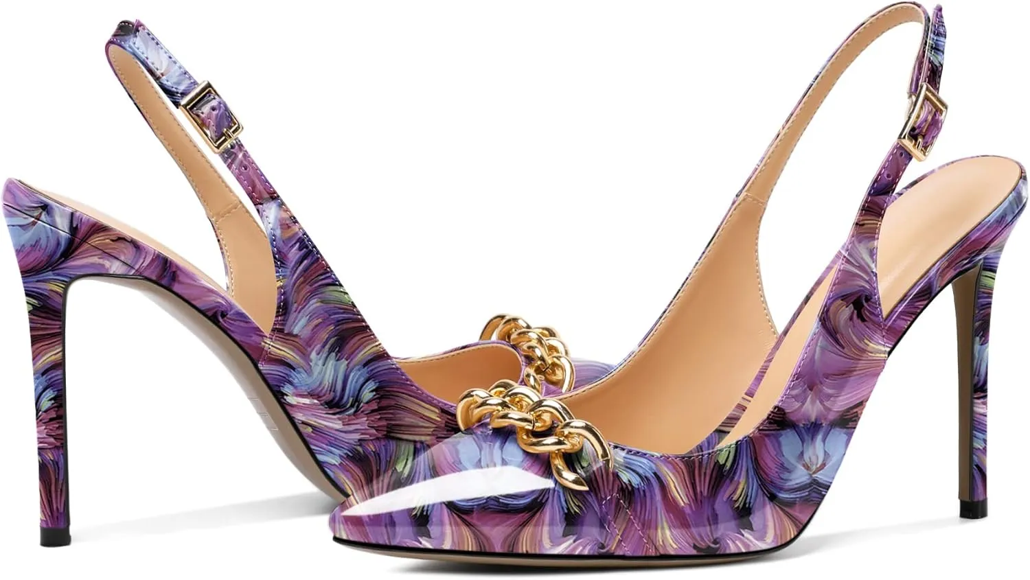 Mettesally Women's High Heels Slingback Pointed Toe Heeled Pumps Ankle Strap Stilettos Metal Chain Dressy Wedding Party Shoes