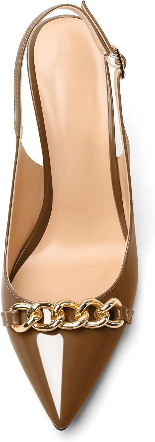 Mettesally Women's High Heels Slingback Pointed Toe Heeled Pumps Ankle Strap Stilettos Metal Chain Dressy Wedding Party Shoes