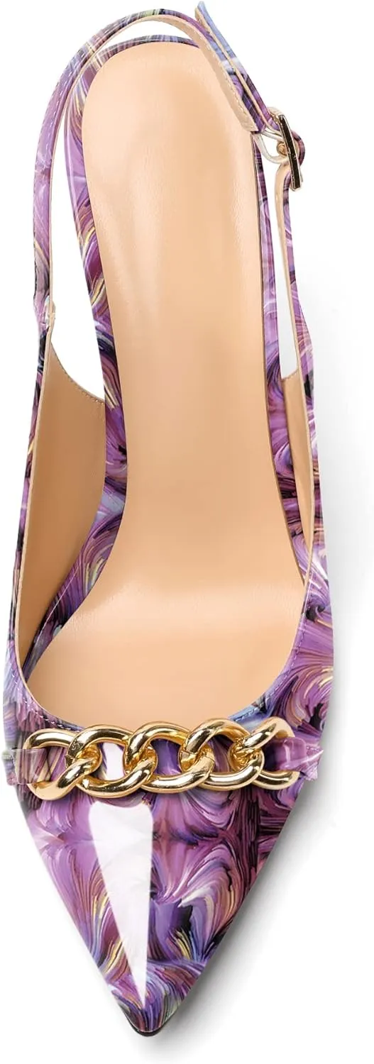 Mettesally Women's High Heels Slingback Pointed Toe Heeled Pumps Ankle Strap Stilettos Metal Chain Dressy Wedding Party Shoes