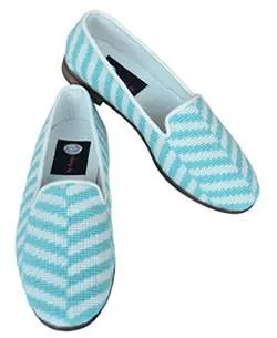 Misses  Needlepoint Loafer Blue and White Herringbone |Designs by Lillie