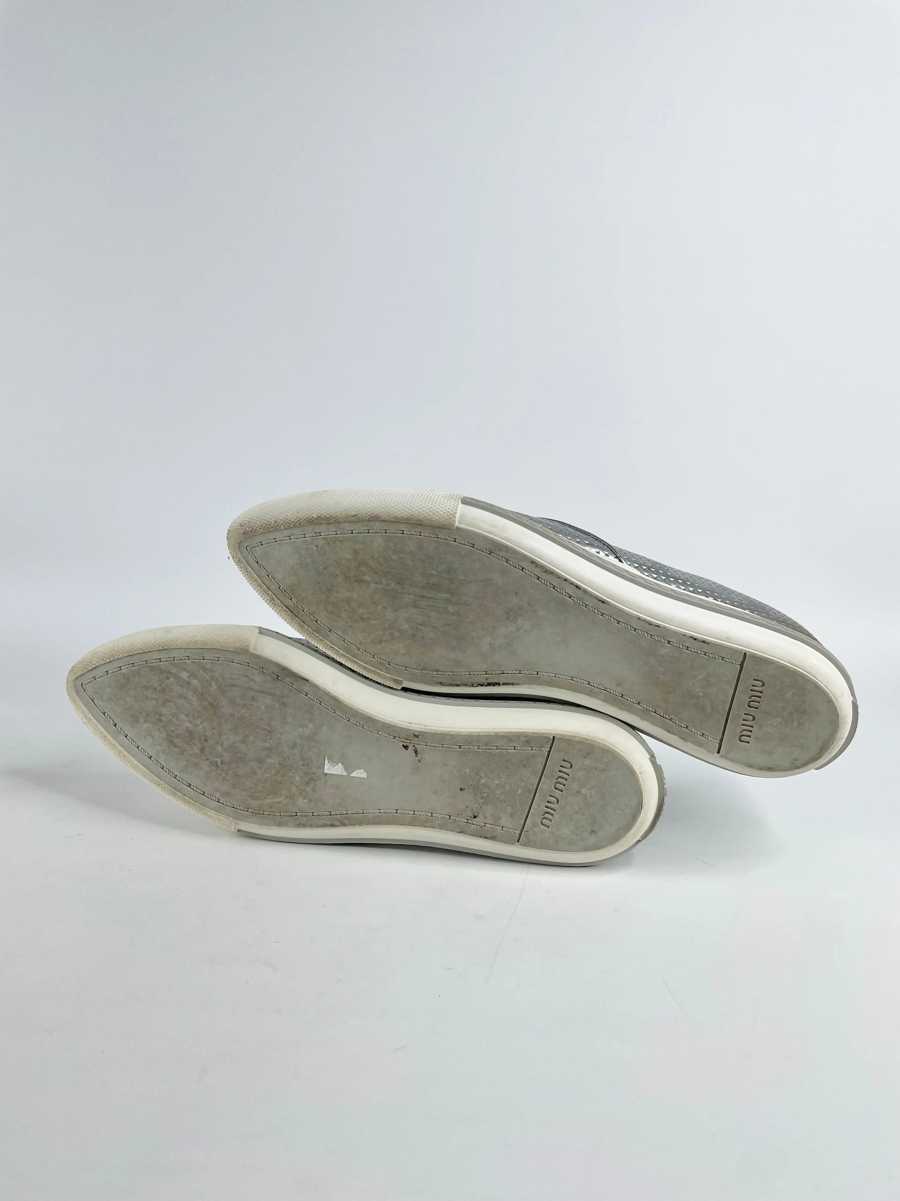 Miu Miu Metallic Silver Leather Pointed-Toe Loafers - EU40