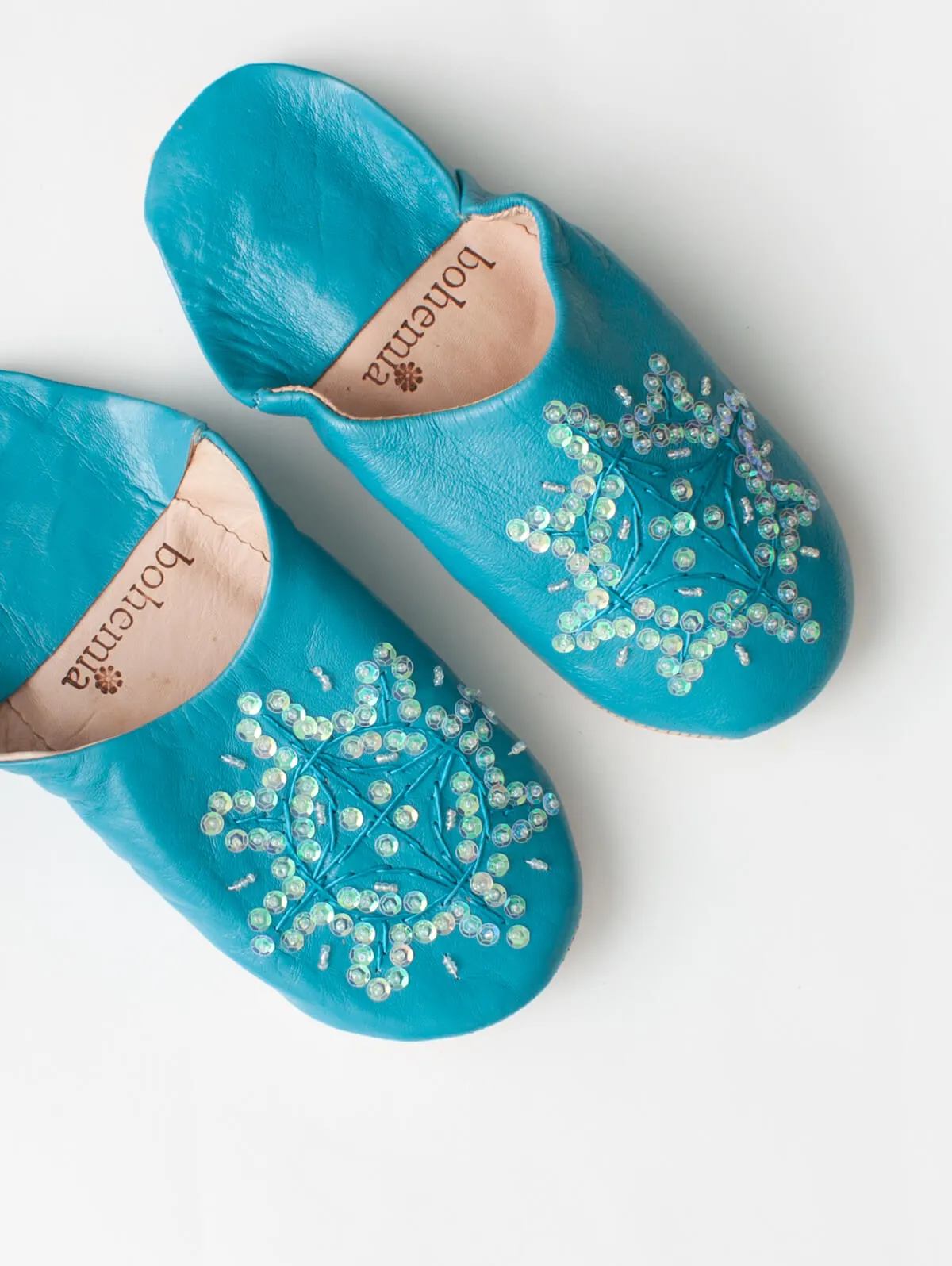 Moroccan Babouche Sequin Slippers, Aqua