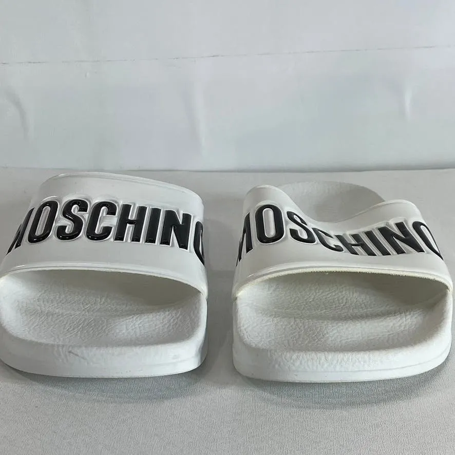 MOSCHINO Women's White/Black Oversized Logo Slip-On Pool Slide Sandals SZ 8