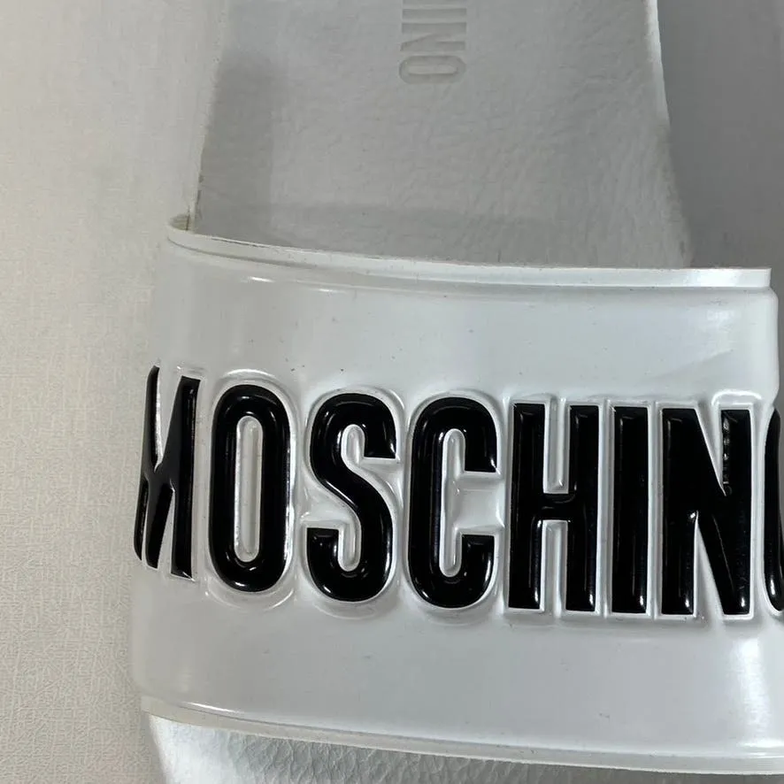MOSCHINO Women's White/Black Oversized Logo Slip-On Pool Slide Sandals SZ 8