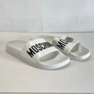 MOSCHINO Women's White/Black Oversized Logo Slip-On Pool Slide Sandals SZ 8