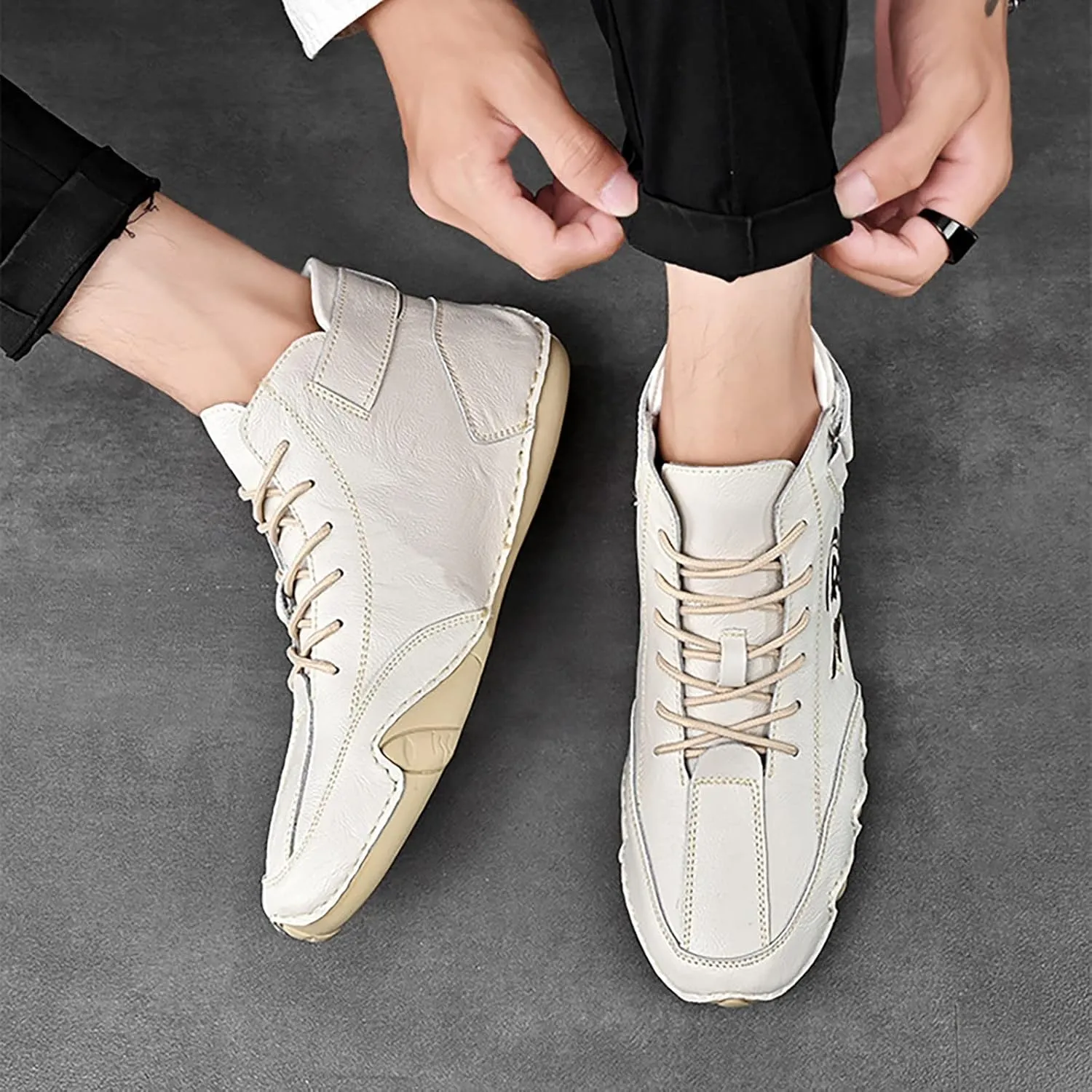 New Men's Soild Color Casual High Top Leather Shoes British Fashion Lace Up Sneakers Mens Club Fashion Sneaker