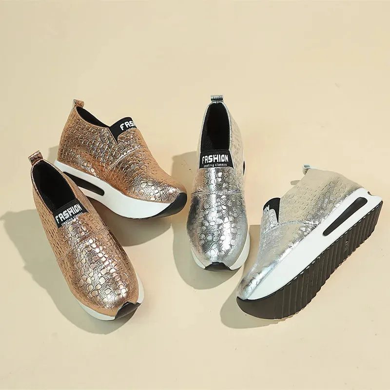 New Women's Silver Sneakers – Waterproof PU Leather Vulcanized Platform Shoes, Slip-On Loafers, Wedge Design