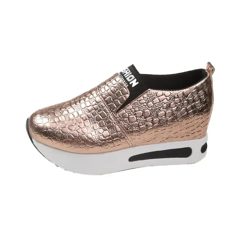 New Women's Silver Sneakers – Waterproof PU Leather Vulcanized Platform Shoes, Slip-On Loafers, Wedge Design