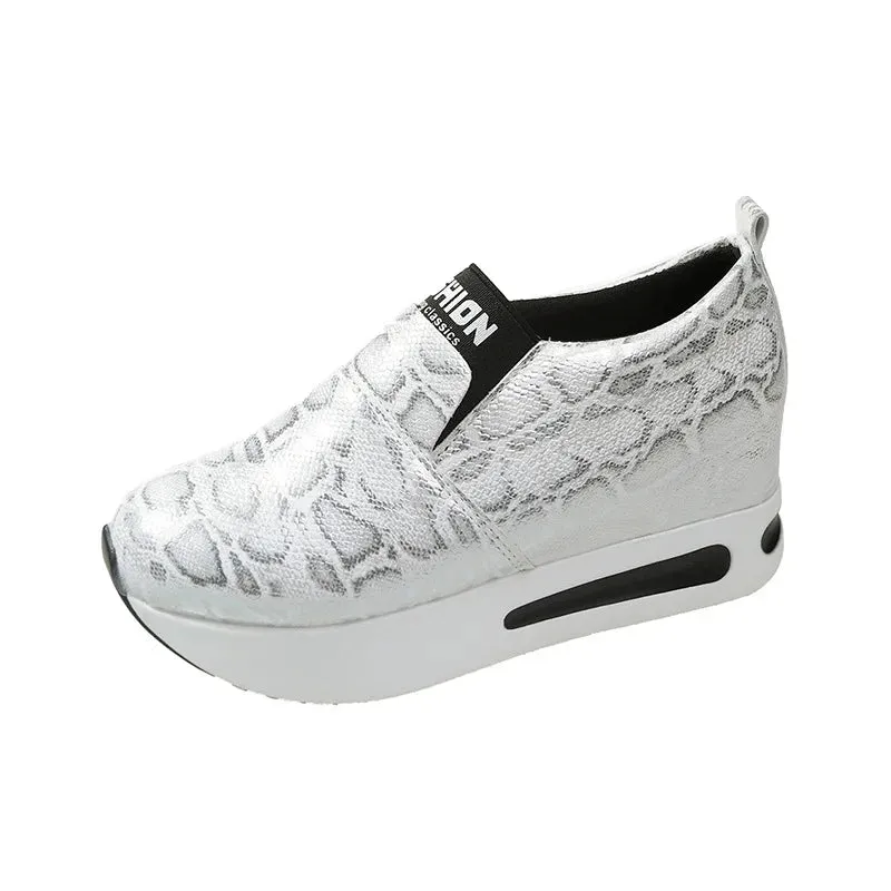 New Women's Silver Sneakers – Waterproof PU Leather Vulcanized Platform Shoes, Slip-On Loafers, Wedge Design