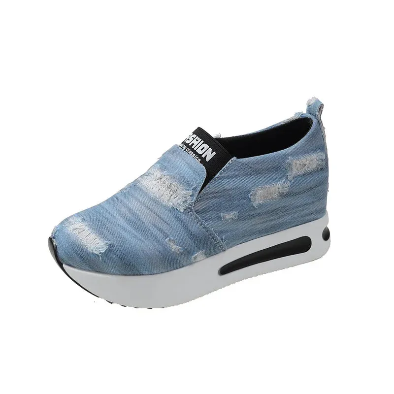 New Women's Silver Sneakers – Waterproof PU Leather Vulcanized Platform Shoes, Slip-On Loafers, Wedge Design
