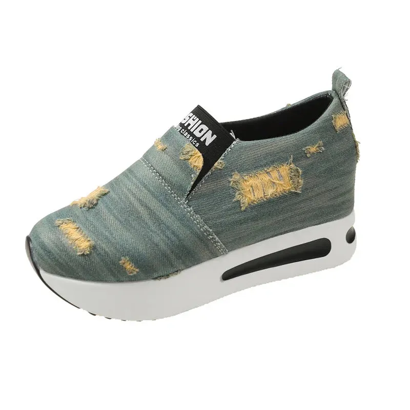 New Women's Silver Sneakers – Waterproof PU Leather Vulcanized Platform Shoes, Slip-On Loafers, Wedge Design