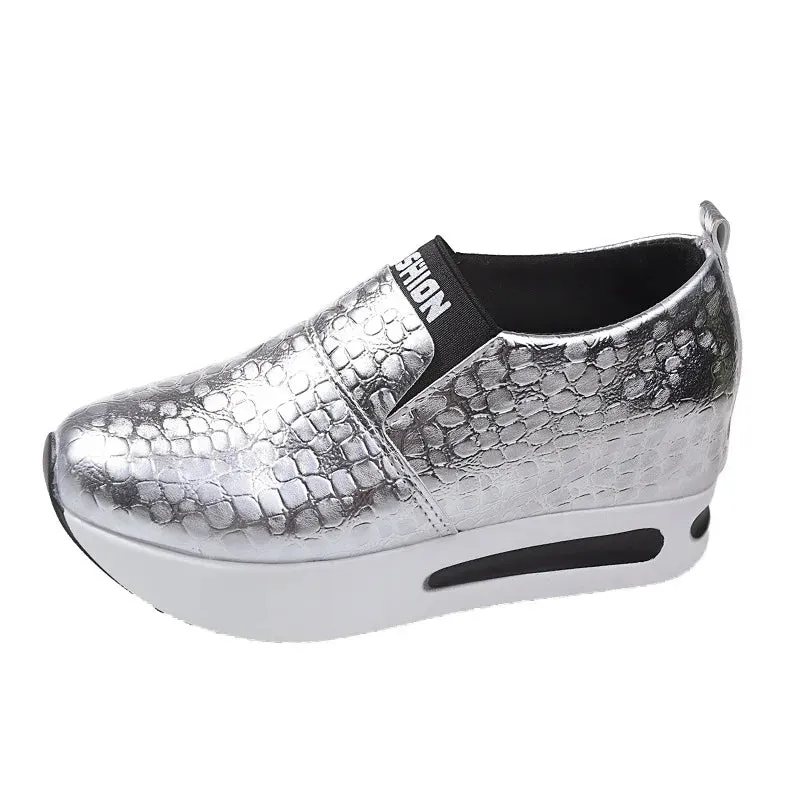 New Women's Silver Sneakers – Waterproof PU Leather Vulcanized Platform Shoes, Slip-On Loafers, Wedge Design