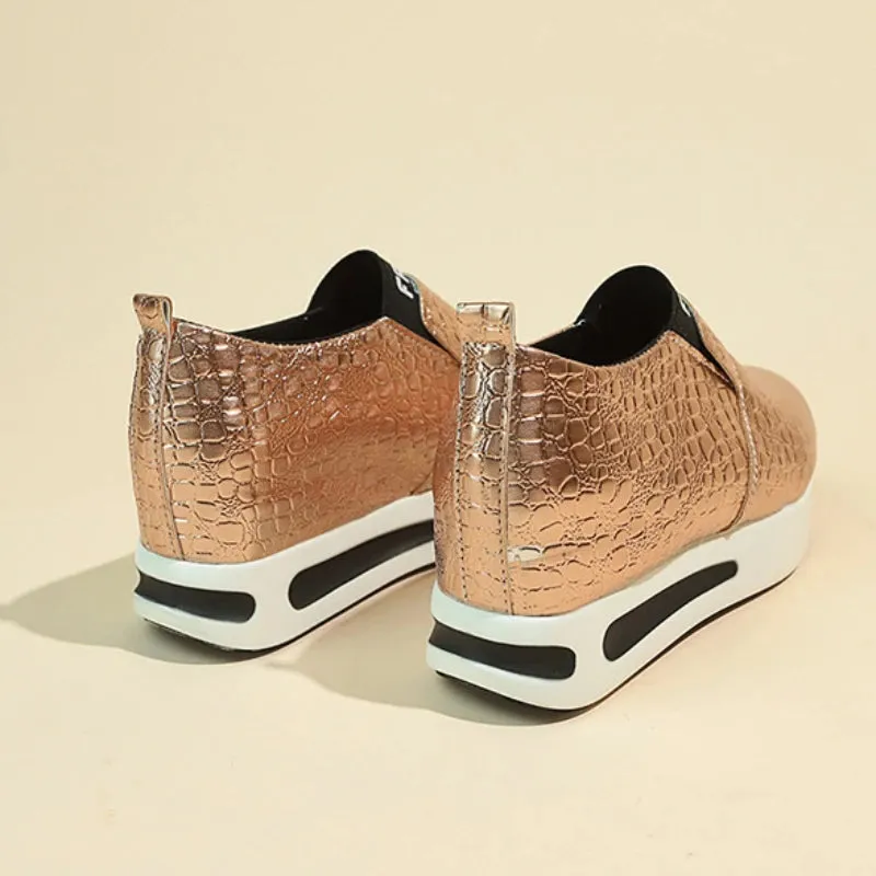 New Women's Silver Sneakers – Waterproof PU Leather Vulcanized Platform Shoes, Slip-On Loafers, Wedge Design
