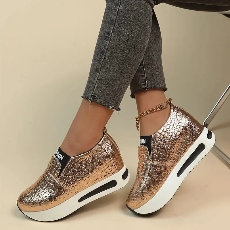 New Women's Silver Sneakers – Waterproof PU Leather Vulcanized Platform Shoes, Slip-On Loafers, Wedge Design