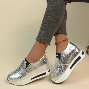New Women's Silver Sneakers – Waterproof PU Leather Vulcanized Platform Shoes, Slip-On Loafers, Wedge Design